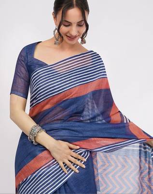 Blue pure linen striped saree with blouse 3