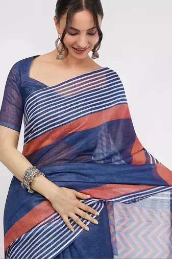 Blue pure linen striped saree with blouse