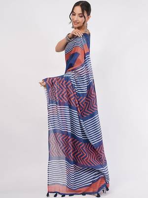 Blue pure linen striped saree with blouse 4