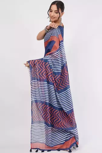 Blue pure linen striped saree with blouse