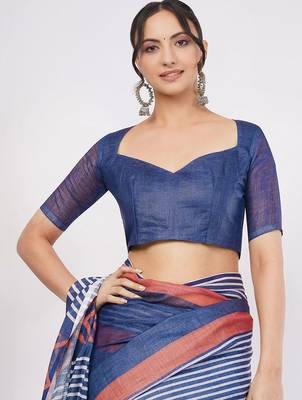 Blue pure linen striped saree with blouse 5