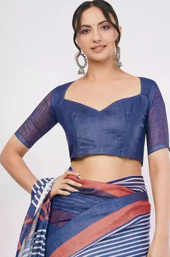 Blue pure linen striped saree with blouse