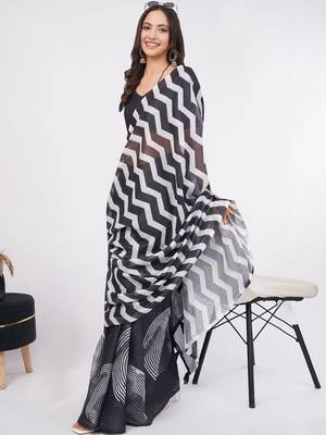 Black pure linen printed saree with blouse 1