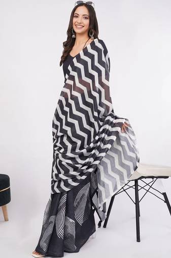 Black pure linen printed saree with blouse