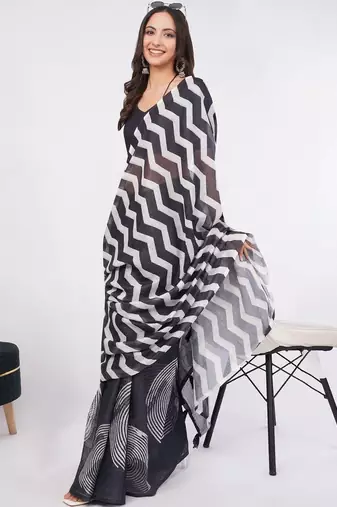 Black pure linen printed saree with blouse