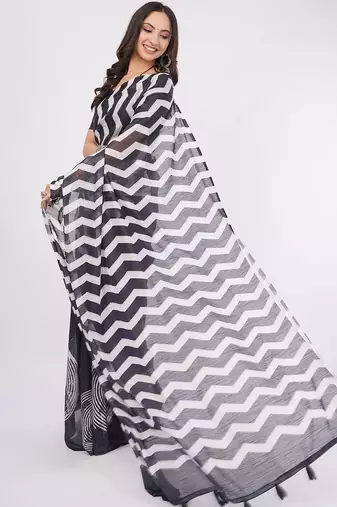Black pure linen printed saree with blouse