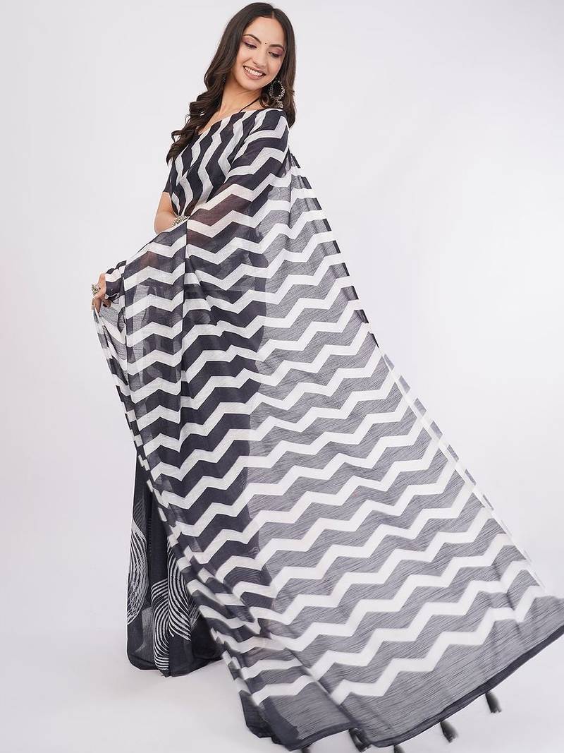 Black pure linen printed saree with blouse