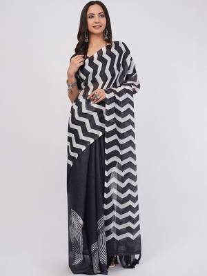 Black pure linen printed saree with blouse 3