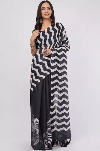 Black pure linen printed saree with blouse