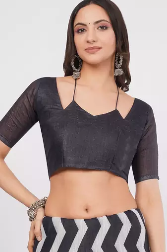 Black pure linen printed saree with blouse