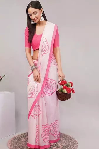 Off white pure linen printed saree with blouse