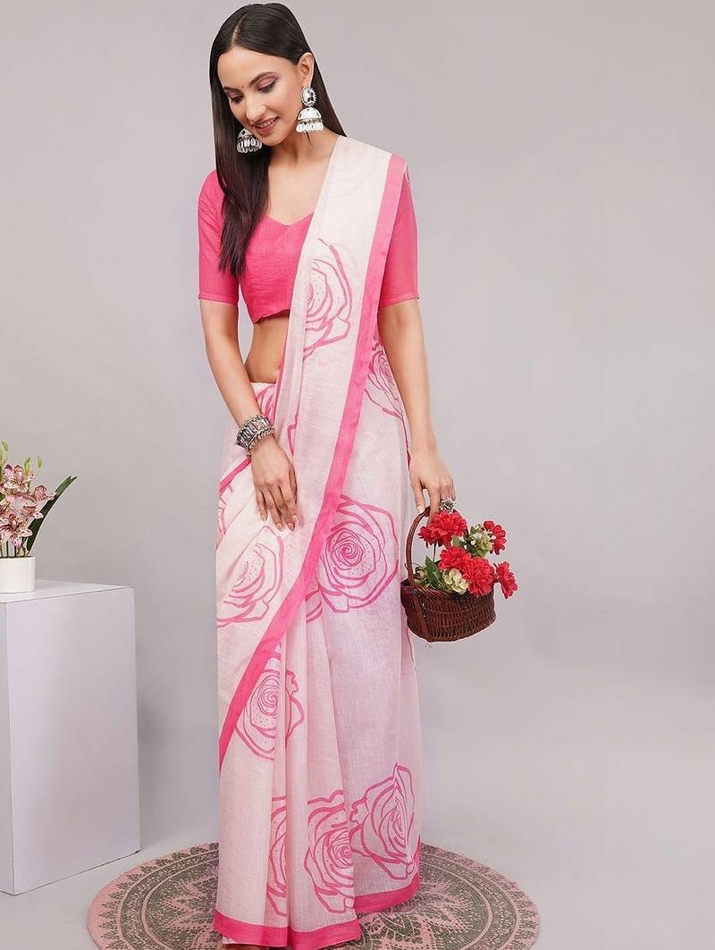 Off white pure linen printed saree with blouse