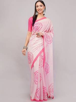 Off white pure linen printed saree with blouse 2