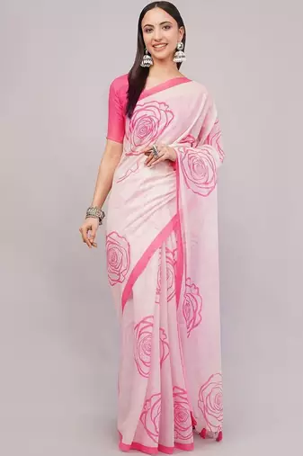Off white pure linen printed saree with blouse