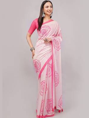 Off white pure linen printed saree with blouse 3