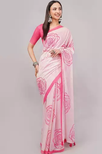 Off white pure linen printed saree with blouse