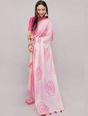 Off white pure linen printed saree with blouse 5