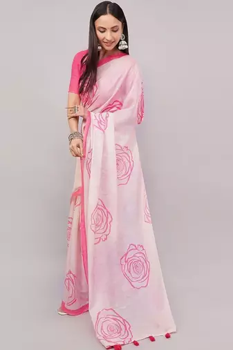 Off white pure linen printed saree with blouse