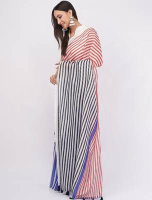 Multicolor pure linen striped saree with blouse 1