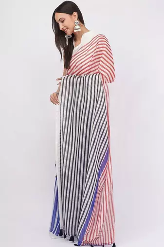 Multicolor pure linen striped saree with blouse