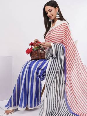Multicolor pure linen striped saree with blouse 3
