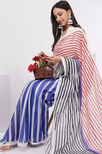 Multicolor pure linen striped saree with blouse
