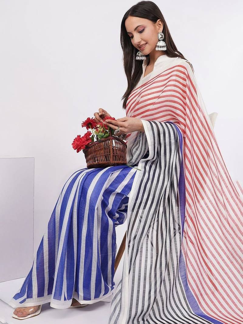 Multicolor pure linen striped saree with blouse