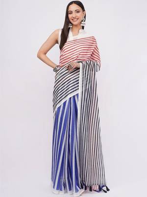 Multicolor pure linen striped saree with blouse 4