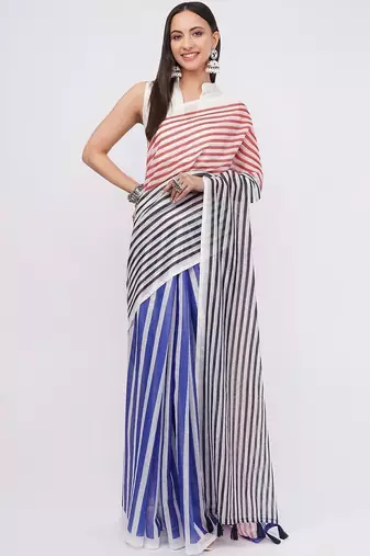Multicolor pure linen striped saree with blouse
