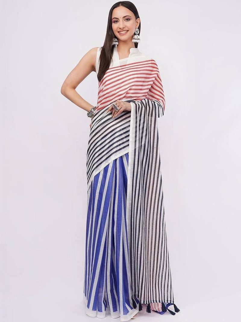Multicolor pure linen striped saree with blouse