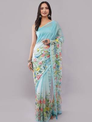 Blue pure linen printed saree with blouse 1