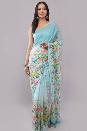 Blue pure linen printed saree with blouse