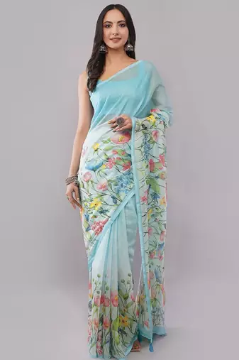 Blue pure linen printed saree with blouse