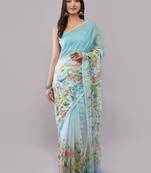 Blue pure linen printed saree with blouse