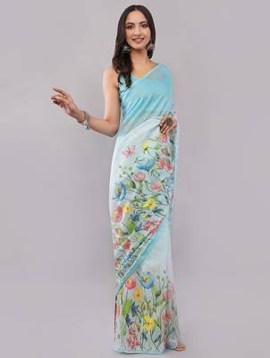 Blue pure linen printed saree with blouse 2