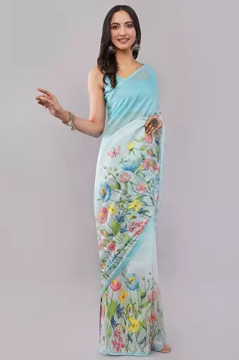 Blue pure linen printed saree with blouse