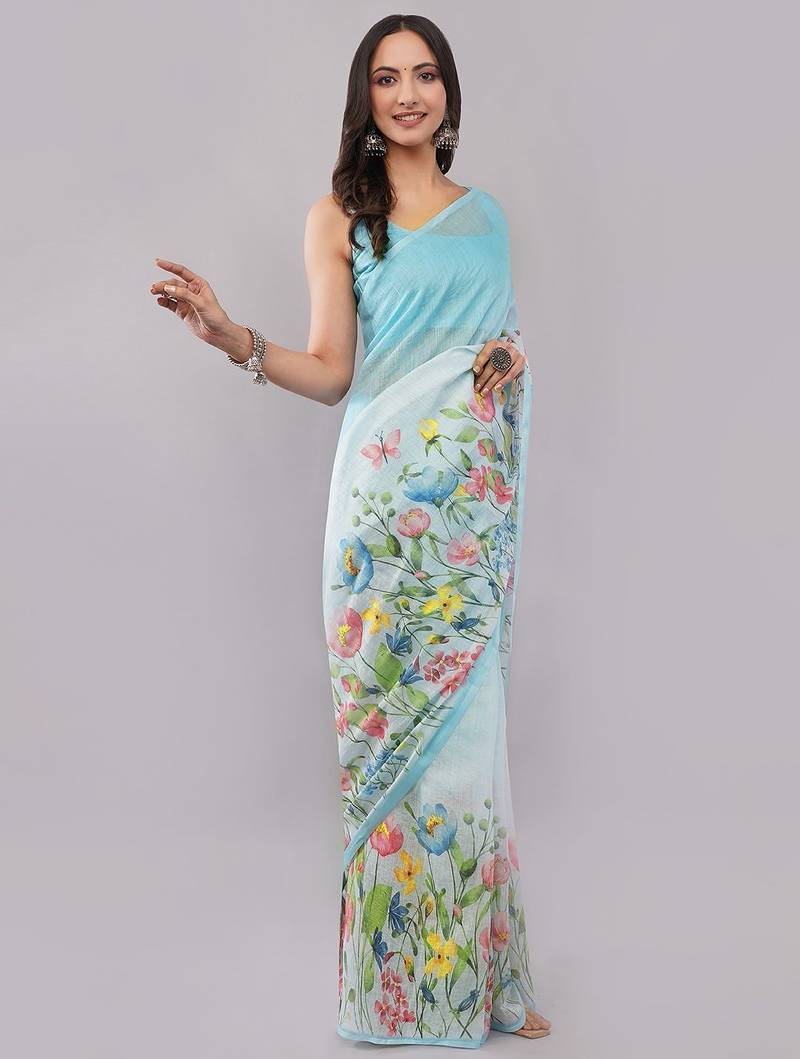 Blue pure linen printed saree with blouse