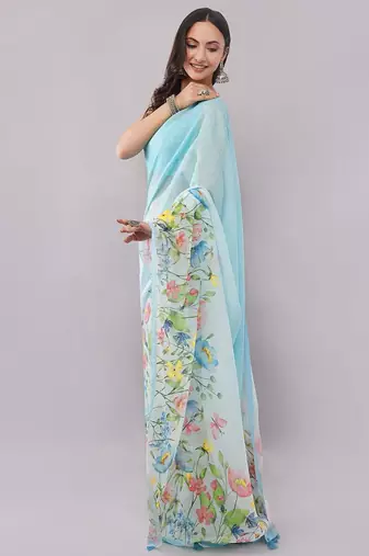 Blue pure linen printed saree with blouse