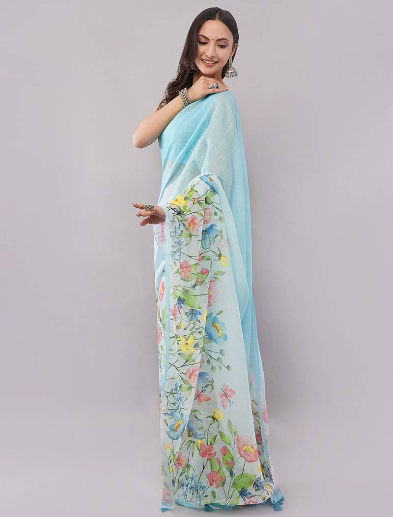 Blue pure linen printed saree with blouse