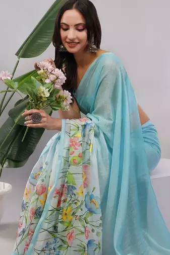 Blue pure linen printed saree with blouse