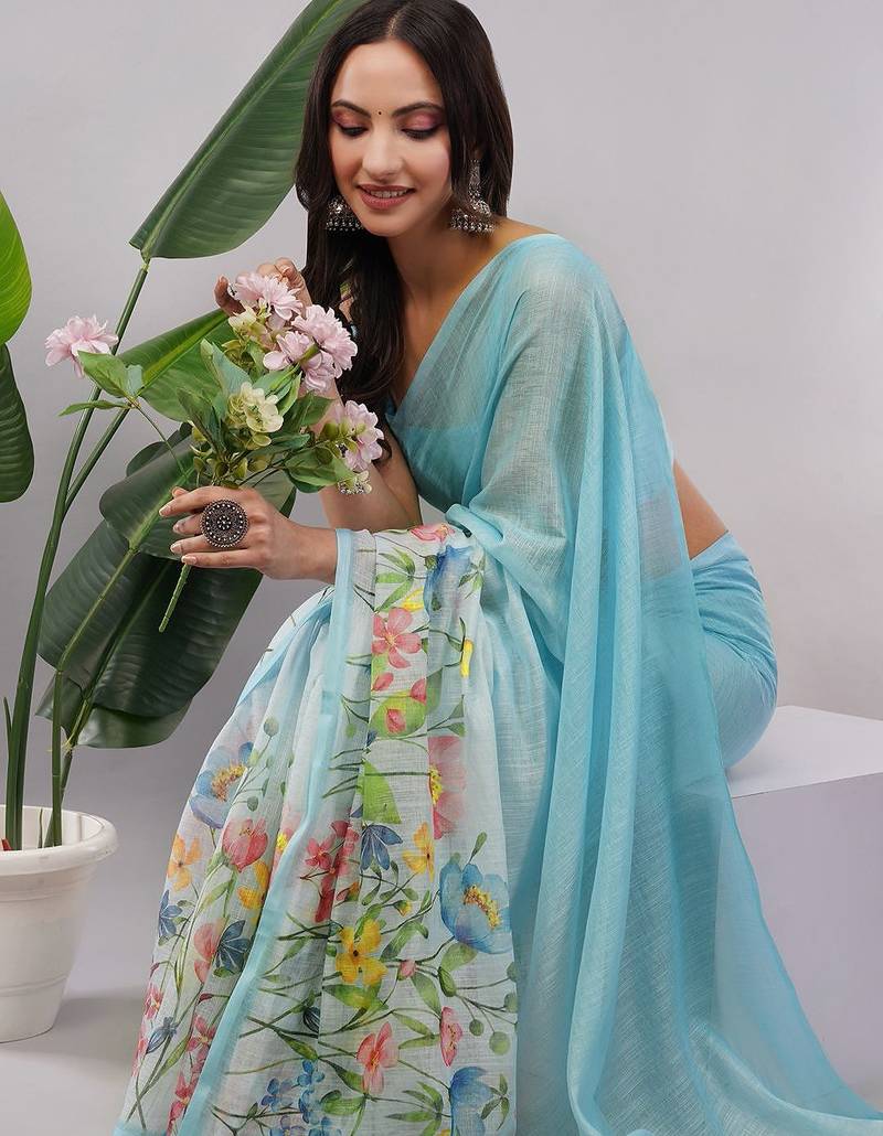 Blue pure linen printed saree with blouse