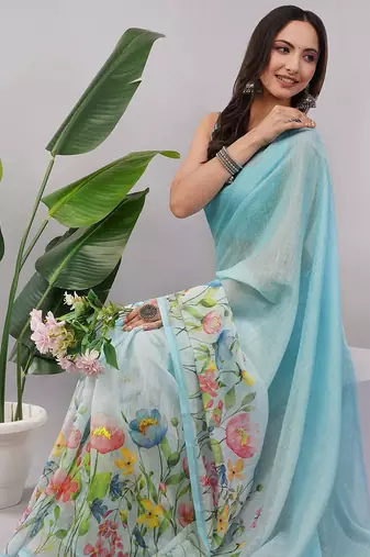 Blue pure linen printed saree with blouse