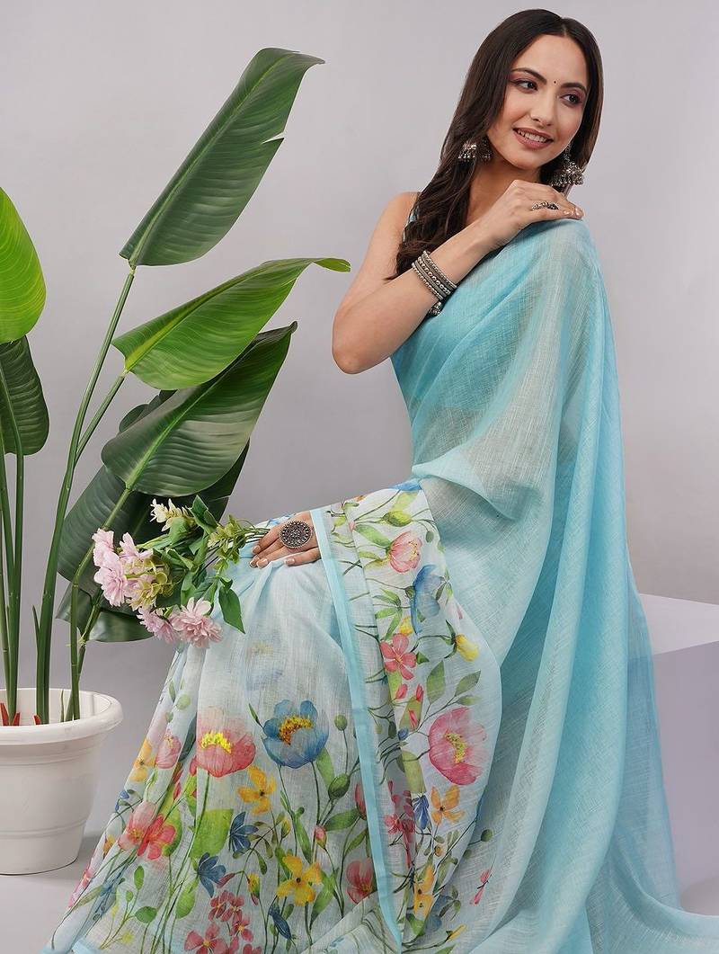 Blue pure linen printed saree with blouse