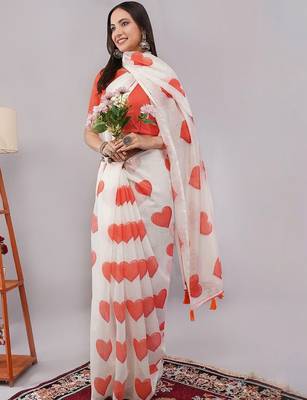 White pure linen printed saree with blouse 1
