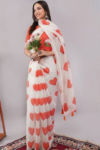 White pure linen printed saree with blouse