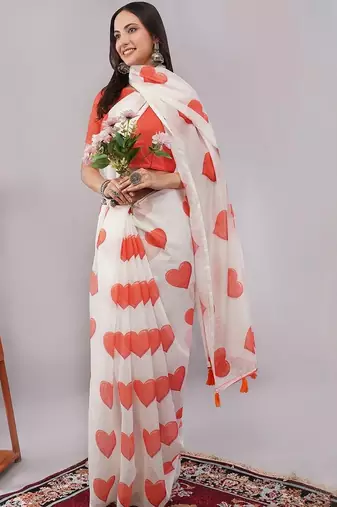 White pure linen printed saree with blouse