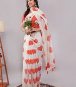 White pure linen printed saree with blouse