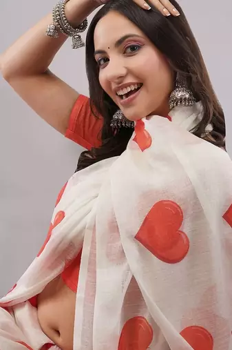 White pure linen printed saree with blouse