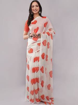 White pure linen printed saree with blouse 3
