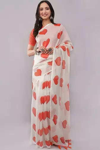 White pure linen printed saree with blouse